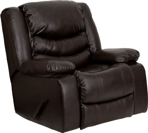 The most common recliners you'll encounter involve a large sturdy base and a hand-pulled lever on the side which activates the reclining function. Our example features plush dark leather padding on the back and armrests. The most common recliners you'll encounter involve a large sturdy base and a hand-pulled lever on the side which activates the reclining function. Our example features plush dark leather padding on the back and armrests.