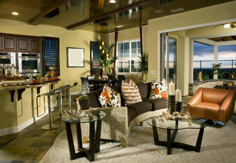 Luxurious living room with exposed beam ceiling.