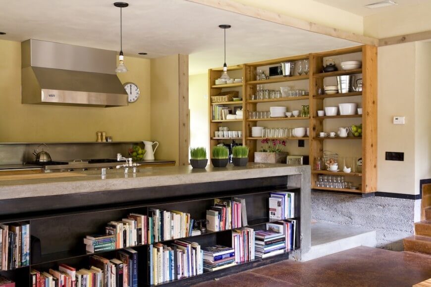 Multiple Shelving Units Provide Plenty Of Storage Space For This Kitchen The Large Countertop Features Multiple Shelving Units Provide Plenty Of Storage Space For This Kitchen The Large Countertop Features