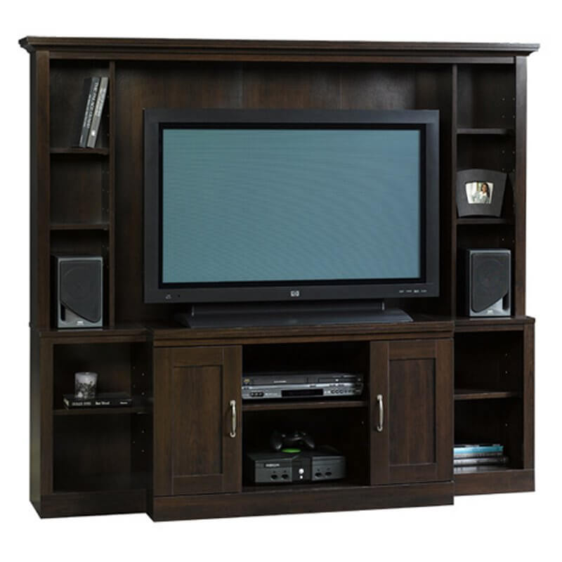 This entertainment center is an elegant piece, boasting dark wood and a lot of enclosed storage to conceal electronics or media. It'd fit perfectly in a more stately space, perhaps a man cave that's styled more like a traditional smoking room or library. With a high back and abundant shelving, it's as useful as it is handsome. This entertainment center is an elegant piece, boasting dark wood and a lot of enclosed storage to conceal electronics or media. It'd fit perfectly in a more stately space, perhaps a man cave that's styled more like a traditional smoking room or library. With a high back and abundant shelving, it's as useful as it is handsome.