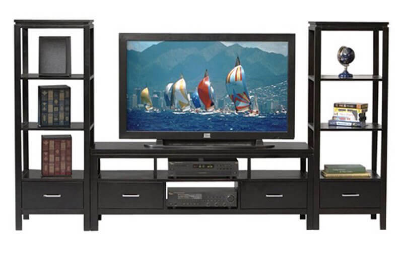 Here's a thoroughly modern entertainment center in a familiar shape, with a low slung TV stand nestled between a pair of open frame towers. Storage and display duties are shared across all three components, with a special emphasis placed on the uniquely airy shelving flanking the TV itself. This one is perfect if you've got nicknacks or memorabilia to display. Here's a thoroughly modern entertainment center in a familiar shape, with a low slung TV stand nestled between a pair of open frame towers. Storage and display duties are shared across all three components, with a special emphasis placed on the uniquely airy shelving flanking the TV itself. This one is perfect if you've got nicknacks or memorabilia to display.