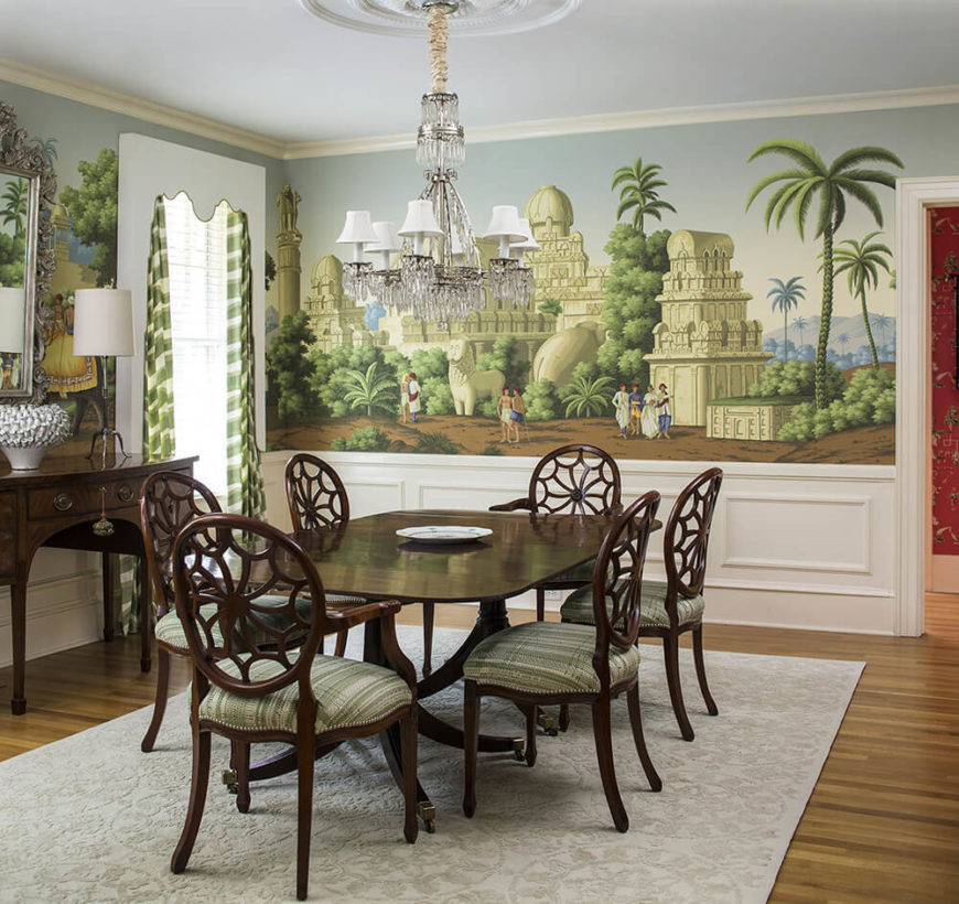 The home features a massive formal dining room, fitting for its Southern heritage. The walls in this space are uniquely wrapped in large scale mural style painting, rather than single color paint or wallpaper, which adds a hearty dose of personality and style. The home features a massive formal dining room, fitting for its Southern heritage. The walls in this space are uniquely wrapped in large scale mural style painting, rather than single color paint or wallpaper, which adds a hearty dose of personality and style.