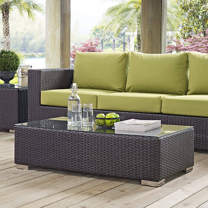 72 Comfy Backyard Furniture Ideas This affordable weave table with glass top is nice and long so that it pairs well - 72 Comfy Backyard Furniture Ideas