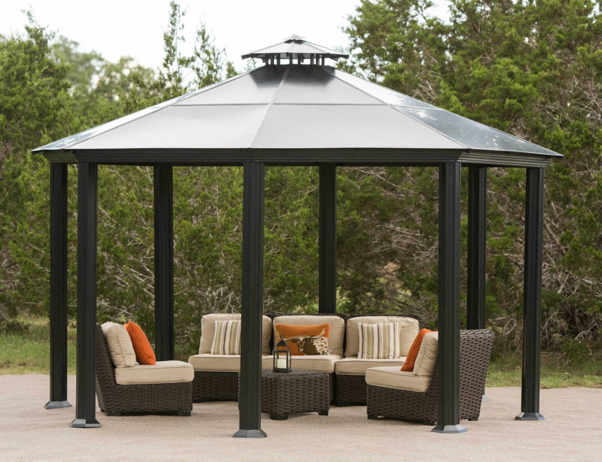 This gazebo is the perfect shape to hold an outdoor socializing area. You and your friends will have plenty of memorable times together under a gazebo like this. This gazebo is the perfect shape to hold an outdoor socializing area. You and your friends will have plenty of memorable times together under a gazebo like this.
