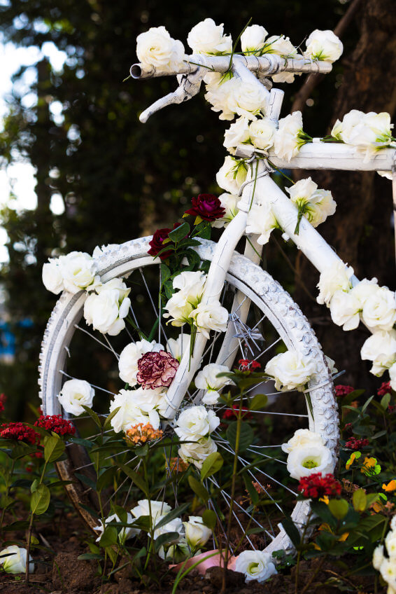 The ultimate wedding bicycle decorated in white flowers. The ultimate wedding bicycle decorated in white flowers.