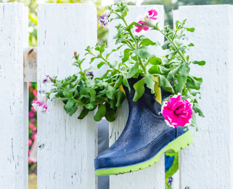 A sleek rubber boot fixed on a white wooden picket fence is used as a clever flower pot and accentuates the lush colors of the flowering plant.