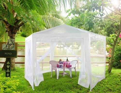 This handsome gazebo has a light and breezy look, thanks to its mesh sides that allow for full flowing air while still keeping mosquitos and other bugs at bay. This is perfect for impromptu gatherings, weddings, and other parties. This handsome gazebo has a light and breezy look, thanks to its mesh sides that allow for full flowing air while still keeping mosquitos and other bugs at bay. This is perfect for impromptu gatherings, weddings, and other parties.