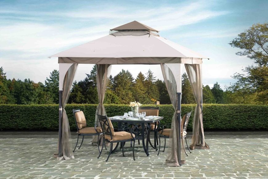 Packing in a full 100 square feet of space, this handsome canopy gazebo is the perfect size for outdoor dining, with plenty of room for a full dining table and chairs. The side curtains can be parted for full openness or closed off for bug protection. Packing in a full 100 square feet of space, this handsome canopy gazebo is the perfect size for outdoor dining, with plenty of room for a full dining table and chairs. The side curtains can be parted for full openness or closed off for bug protection.