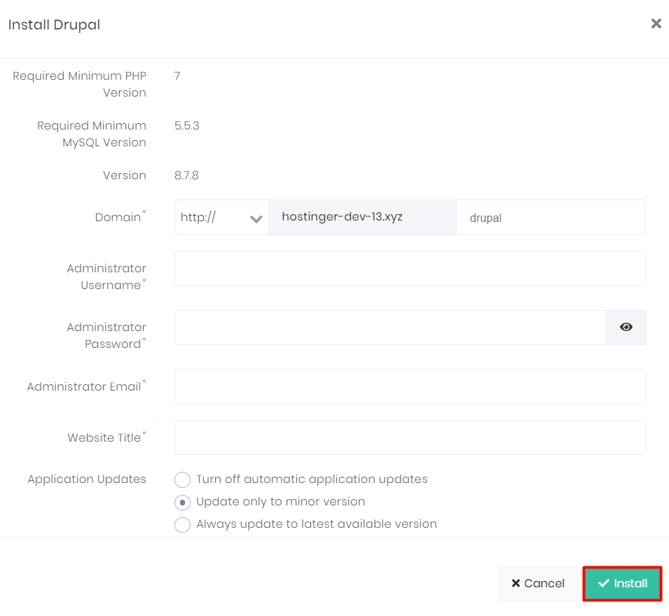 drupal installation form on hpanel auto installer