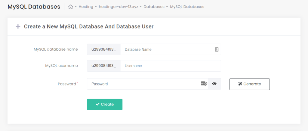 create new database in hpanel