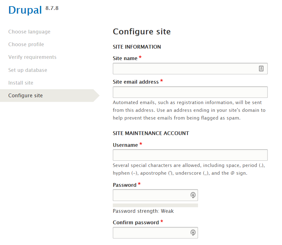 site configuration on drupal installation