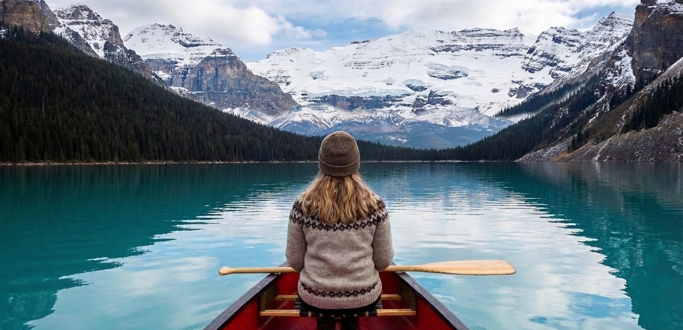 woman sitting in the front of a red canoe looking at beautiful mountains