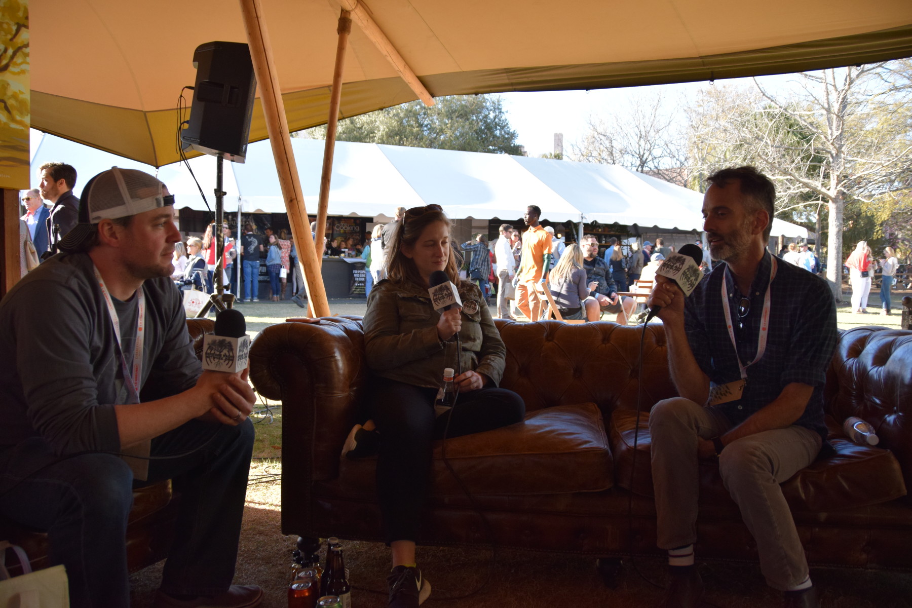 Nick Leahy and Steven Satterfield join Kat in the tee pee at Charleston Wine + Food
