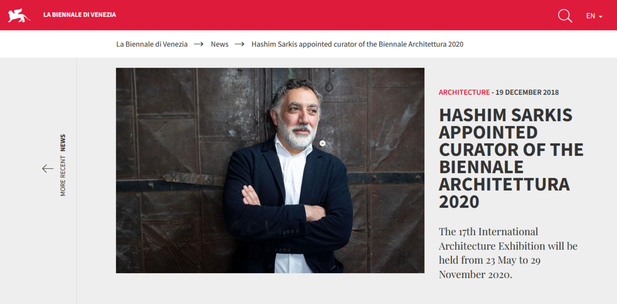 Hashim Sarkis appointed curator of the Biennale Architettura 2020