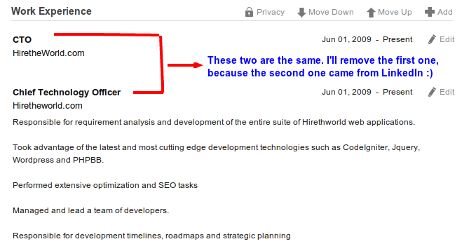 Screenshot of duplicate content from a LinkedIn Import
