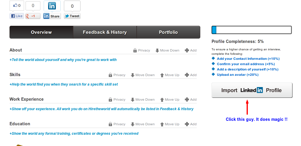 Screenshot of the LinkedIn Import button on the hand side of a HiretheWorld profile page