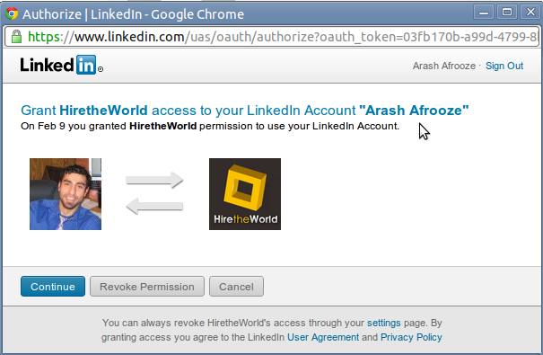 Screenshot of LinkedIn and HiretheWorld Connecting Window - LinkedIn pops this up to confirm that you've given HiretheWorld permission to see your LinkedIn Profile.