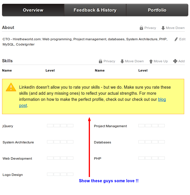Screenshot showing a HiretheWorld profile, with skills imported from LinkedIn, with missing ratings