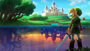 Link looking at Hyrule (top) and Lorule (bottom). Photo from: http://zelda.com/link-between-worlds/