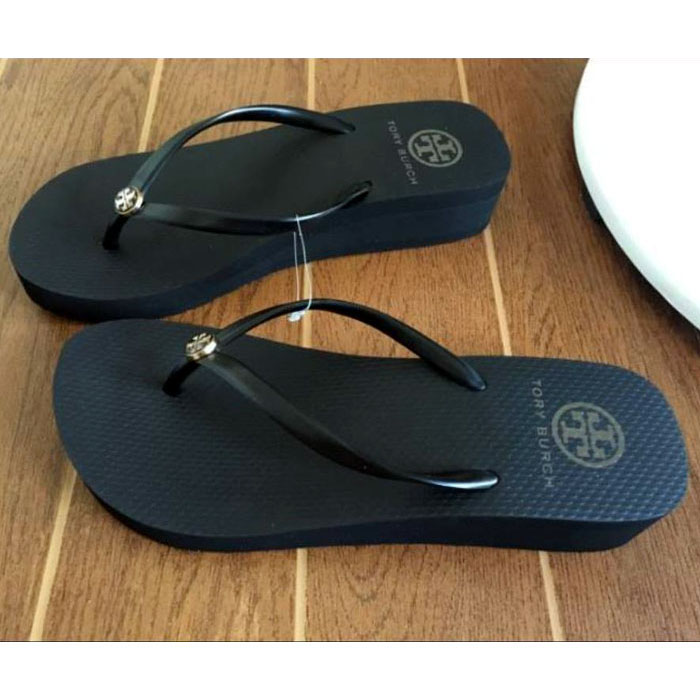 Tory Burch Black Rubber Wedge Flip Flop Beach Sandals Slippers Size 6 7