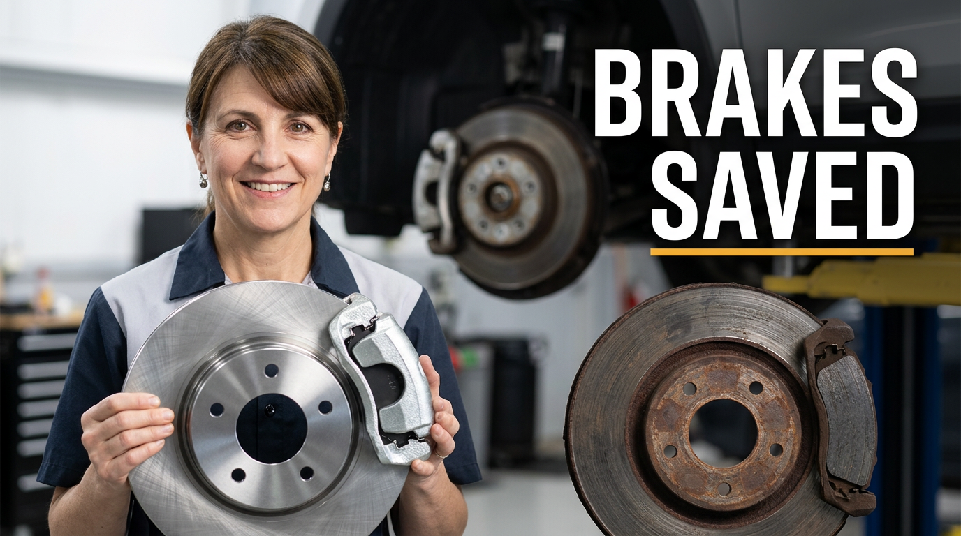 Female mechanic presenting new brake components beside a worn rotor in a bright workshop