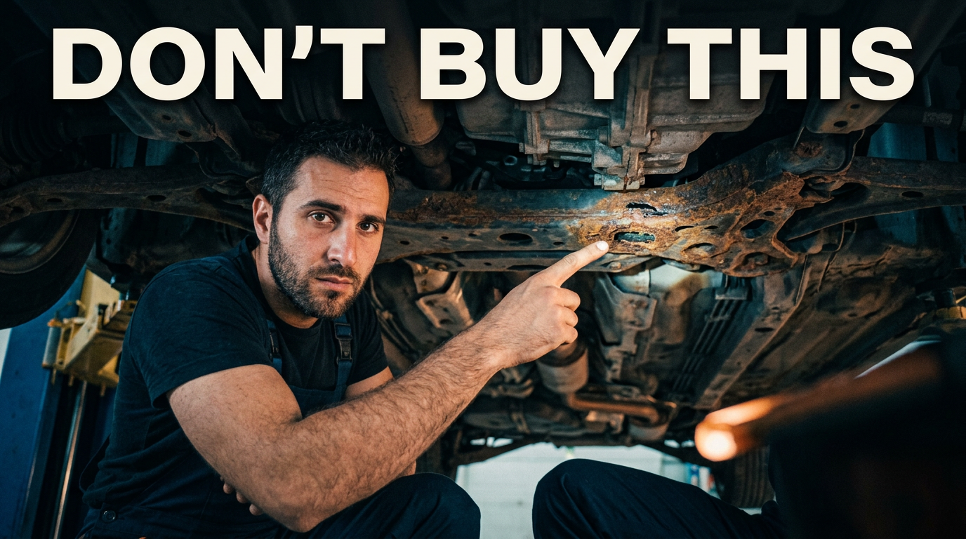 Mechanic inspecting the underside of a used car while pointing toward severe rust