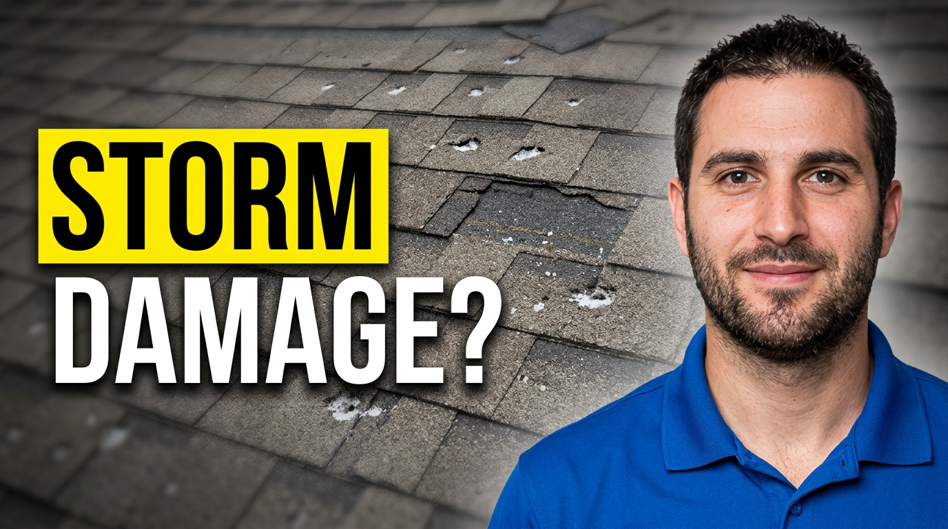 Roofing contractor beside a hail-damaged roof with missing shingles and a short storm-damage message