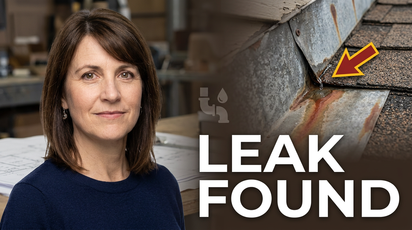 Roofing contractor pointing toward a leak area near flashing with a short leak-found message