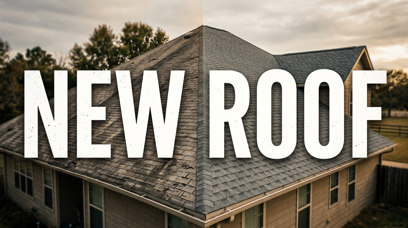 Split-style roofing project image showing an older roof and a completed replacement with a new-roof message