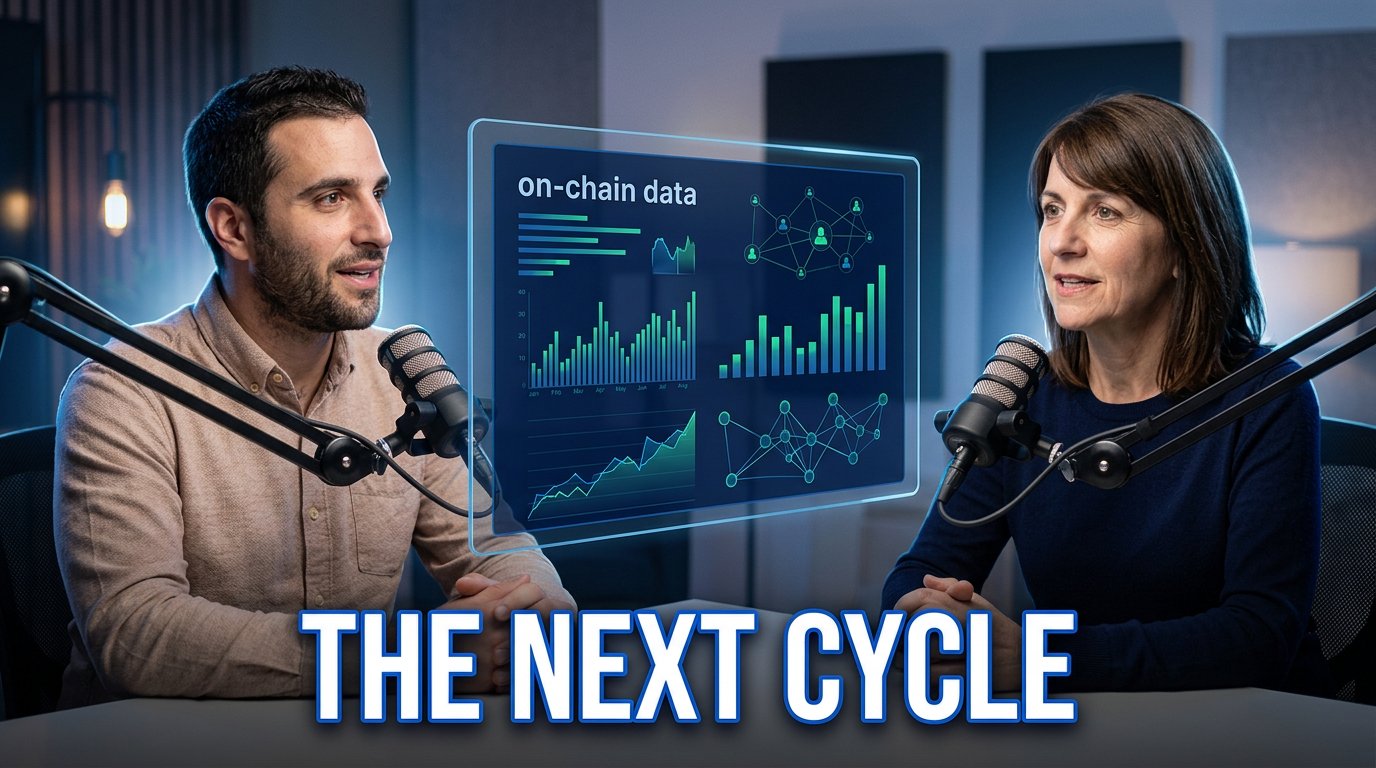 Crypto podcast host and founder facing each other with a protocol data visual between them