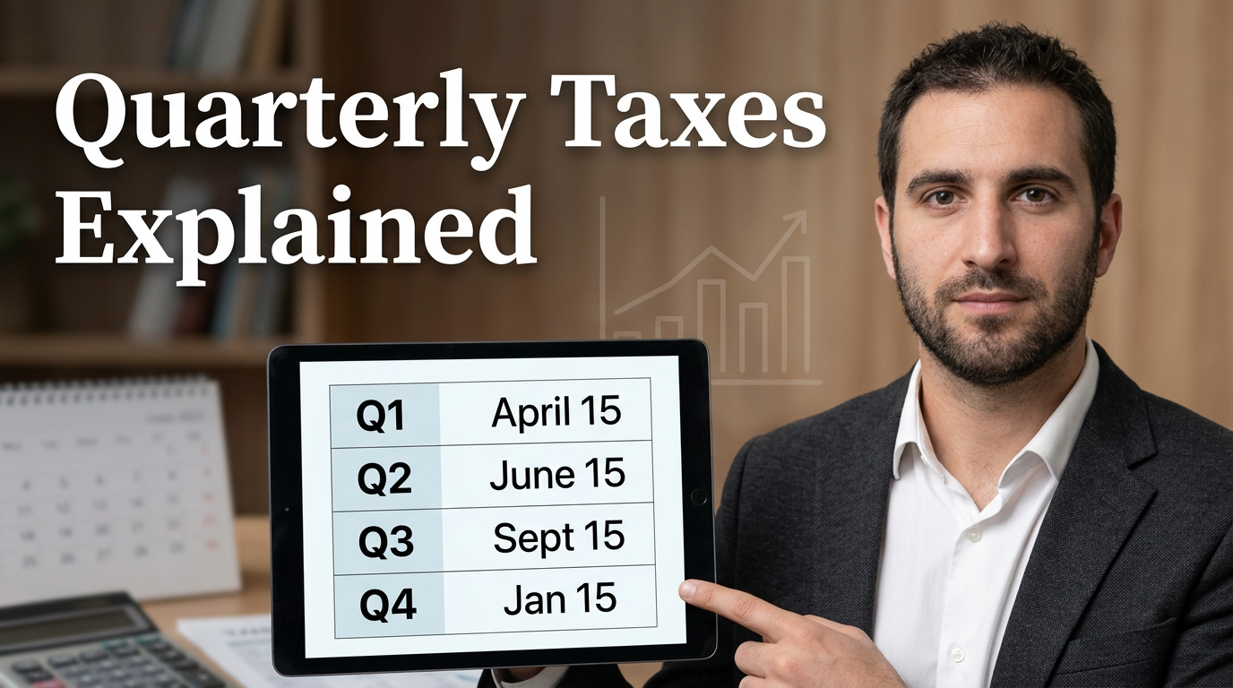 Tax professional pointing to a quarterly payment schedule on a tablet