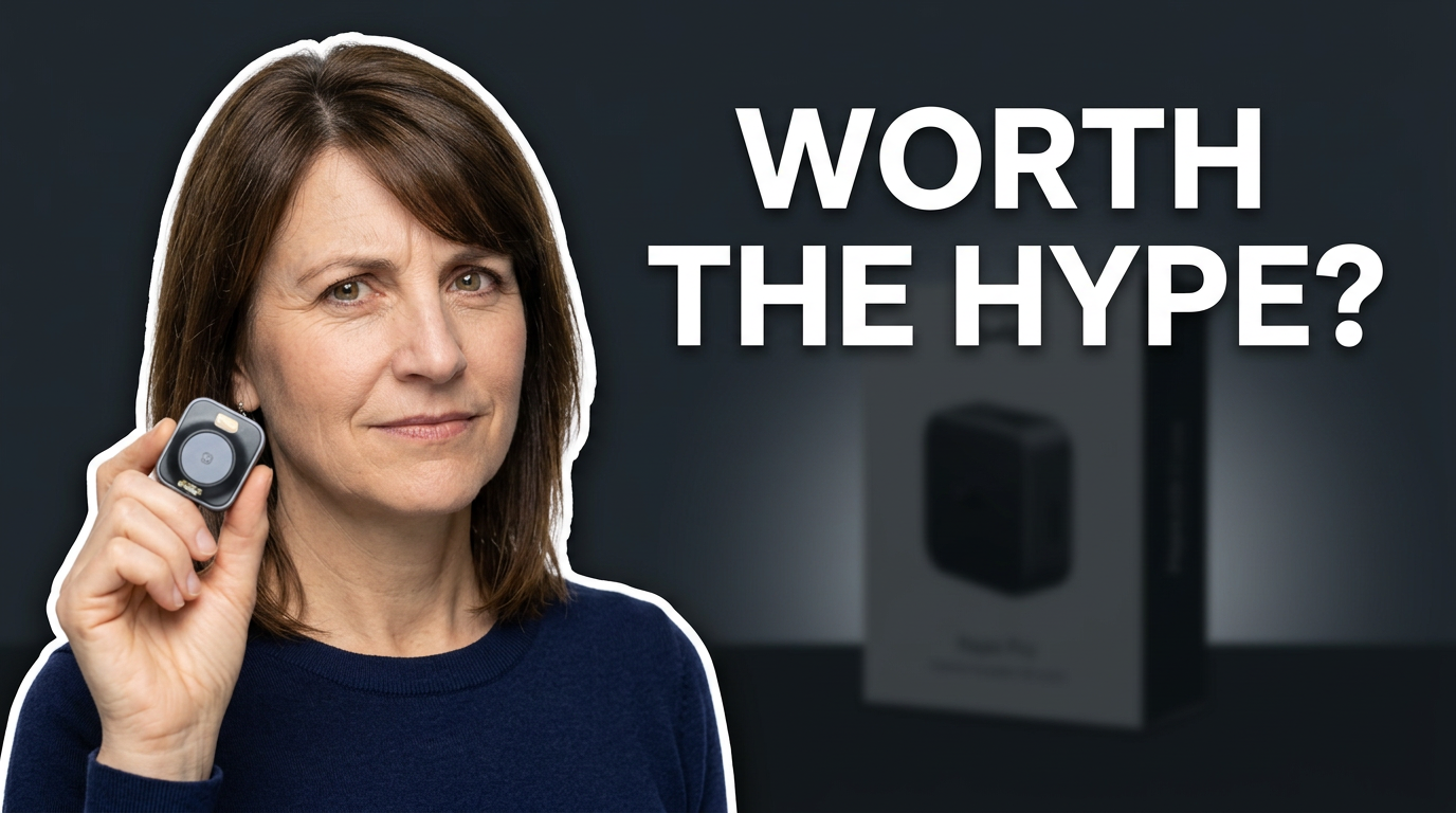Female reviewer holding a compact gadget with a skeptical expression