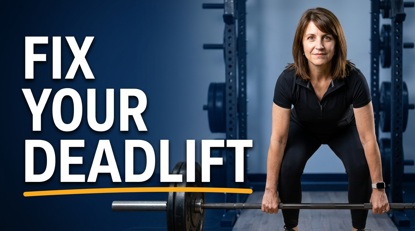 Female gym coach demonstrating deadlift position beside a barbell in a bright training space