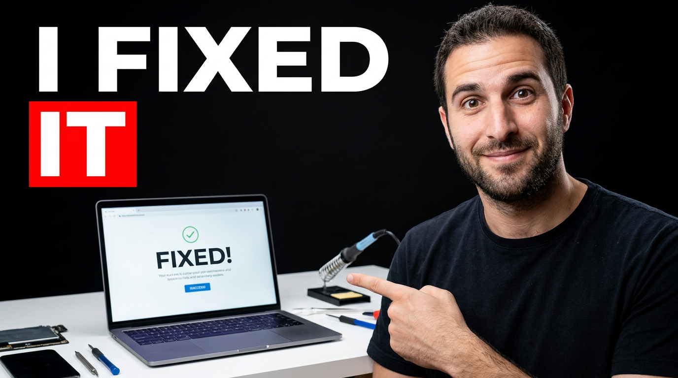 Creator reacting beside a repaired laptop screen for a technical tutorial thumbnail