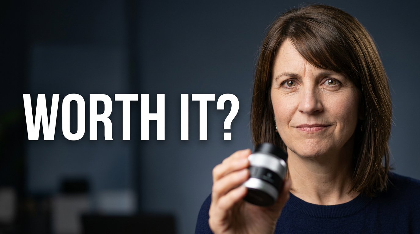 Female creator holding a compact gadget with a skeptical expression