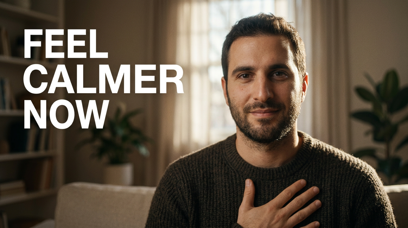 Wellness creator with a calm expression seated in a softly lit room for a grounding exercise thumbnail
