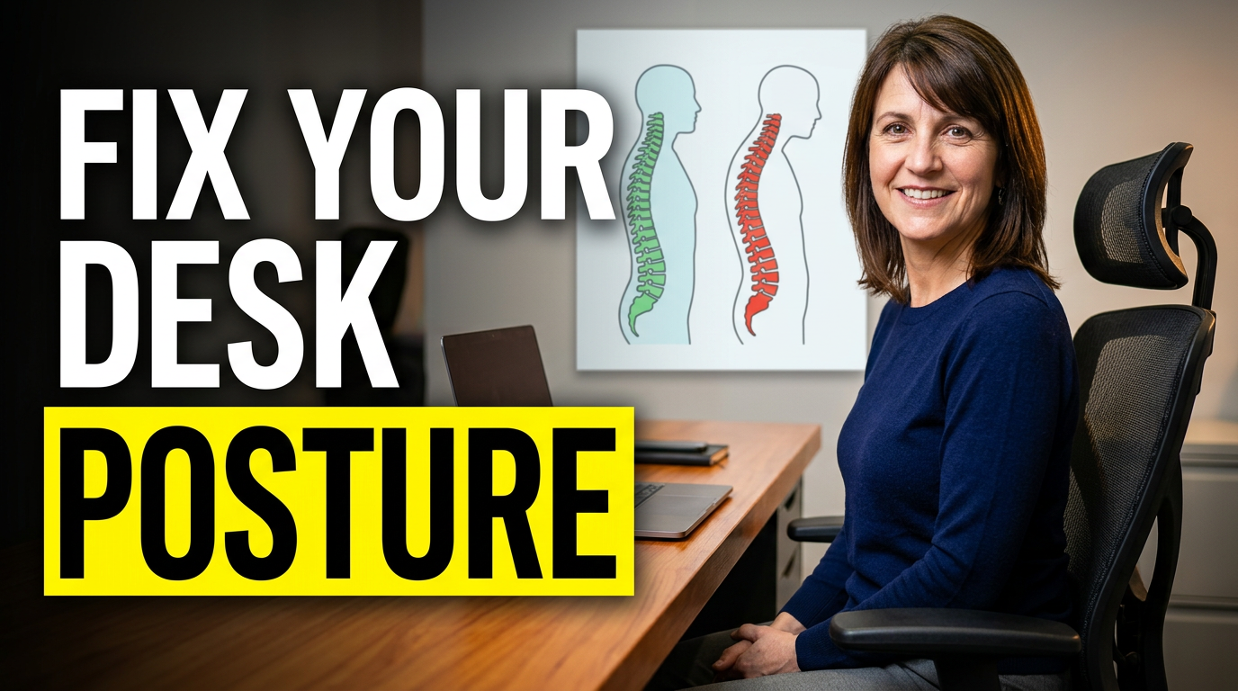 Female physical therapist seated at a desk demonstrating an upright workstation posture