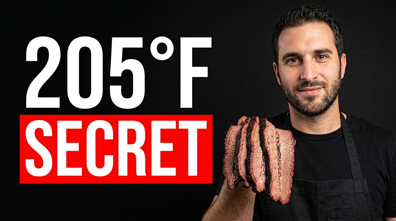 Pitmaster holding a sliced brisket beside an offset smoker