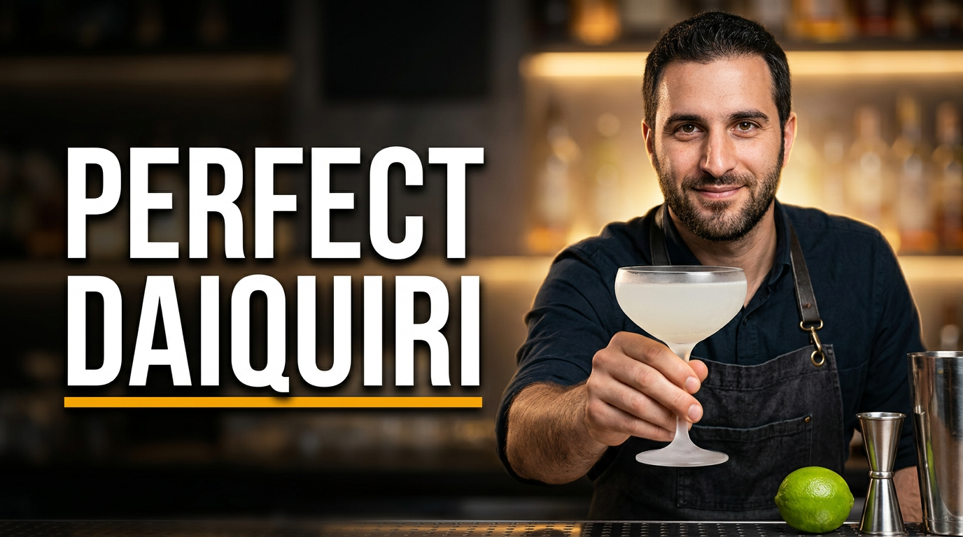Bartender holding a pale daiquiri in a coupe glass beside fresh limes