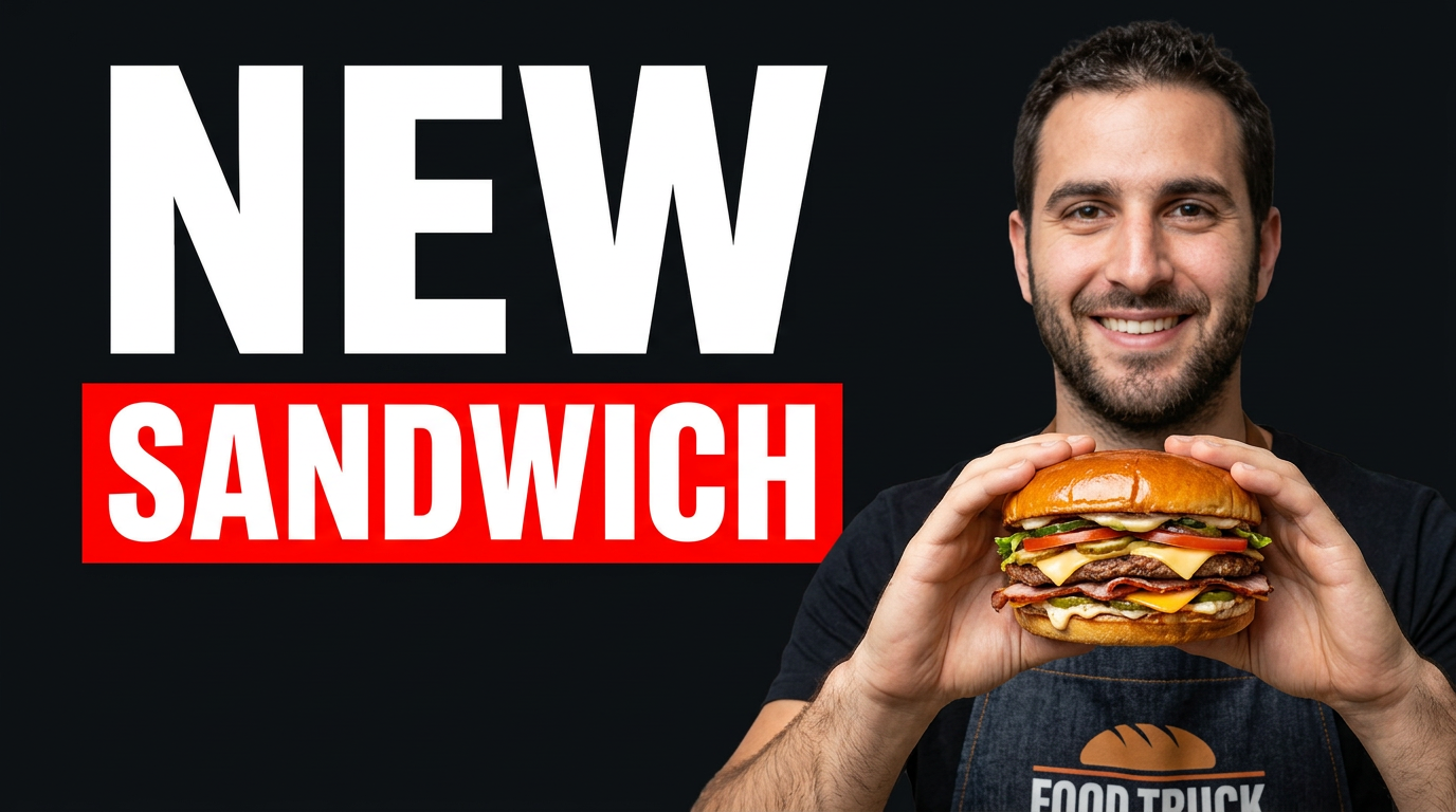 Food truck owner holding a large signature sandwich beside a close-up of the sandwich