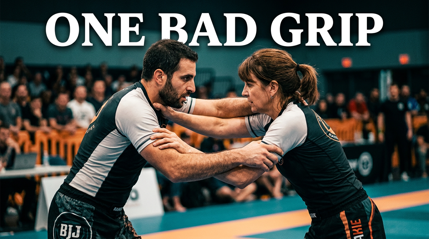 Two grapplers in a no-gi match with a coach analyzing a decisive grip exchange