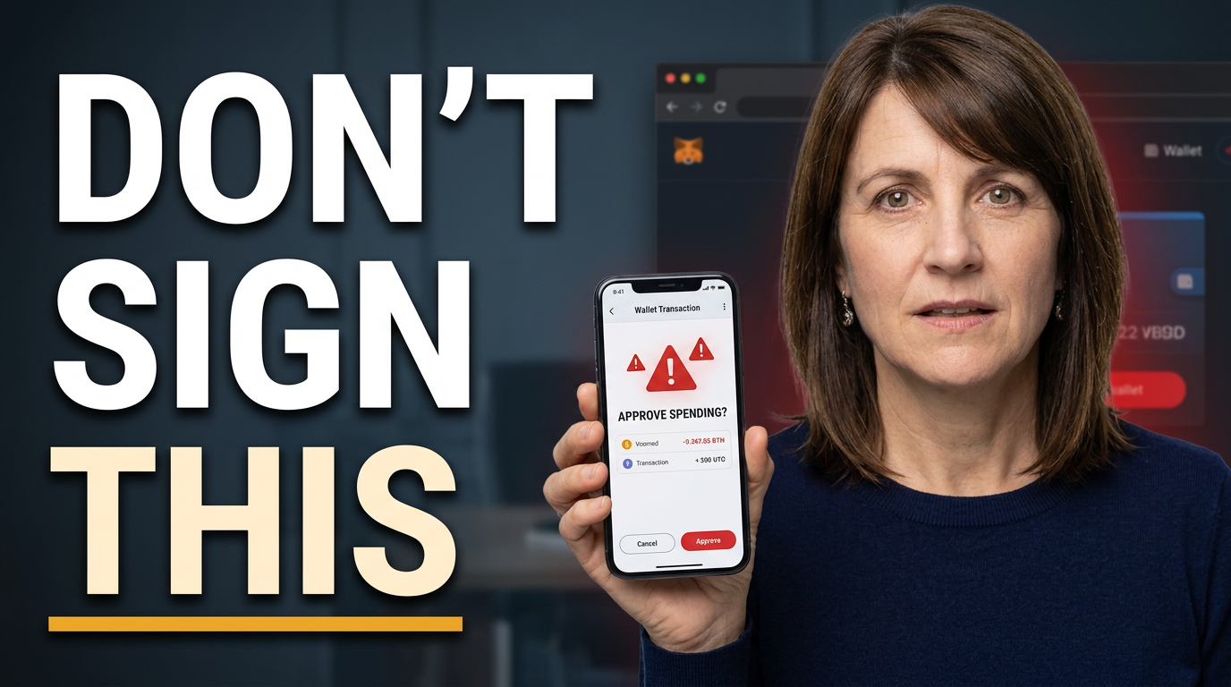Female crypto educator holding a phone with a suspicious wallet approval screen