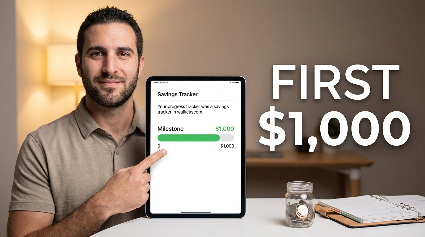 Personal finance creator pointing toward a savings tracker on a tablet