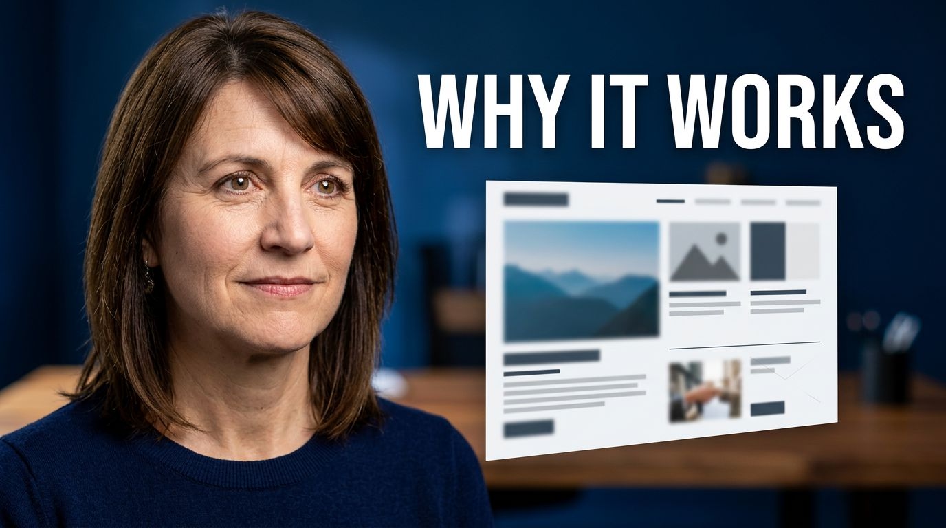 Female designer at a creative workspace pointing toward a clean thumbnail layout board