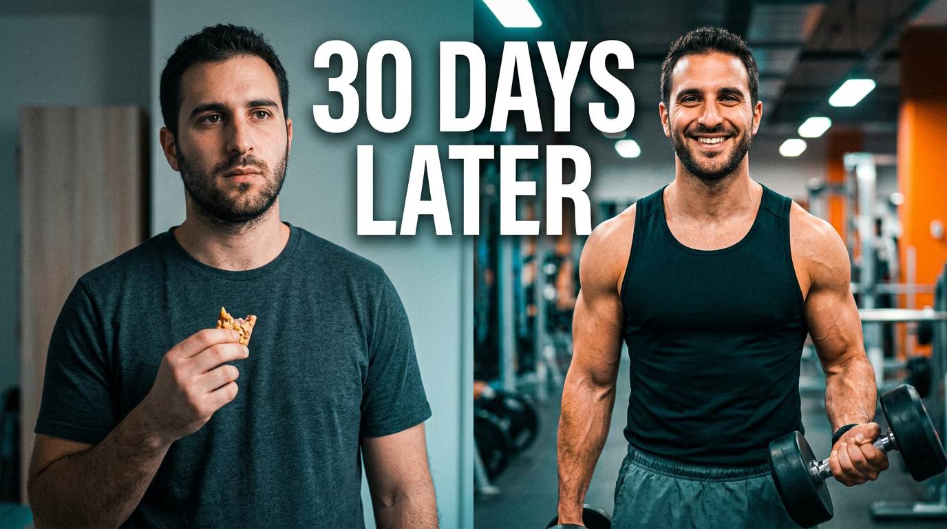 Creator showing a dramatic before-and-after fitness progress comparison for a challenge video thumbnail