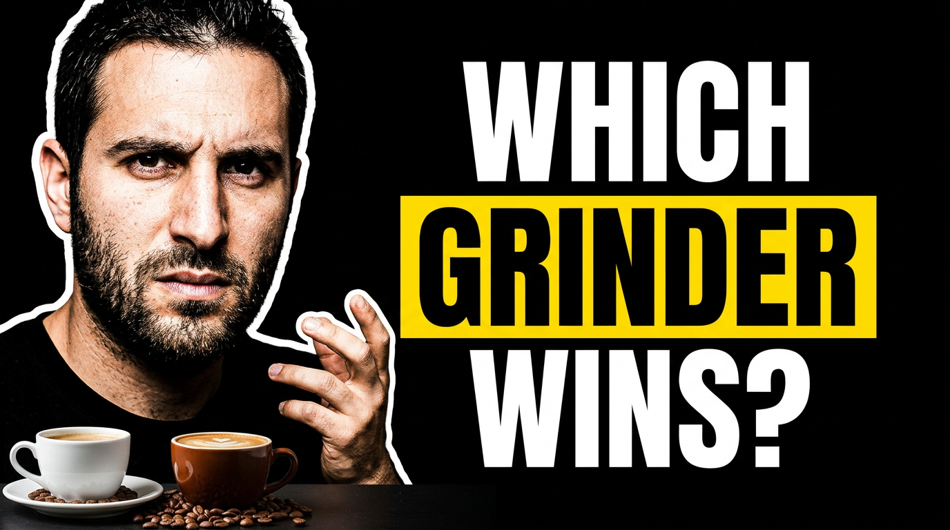 Coffee creator comparing two grinders with cups of brewed coffee on a kitchen counter