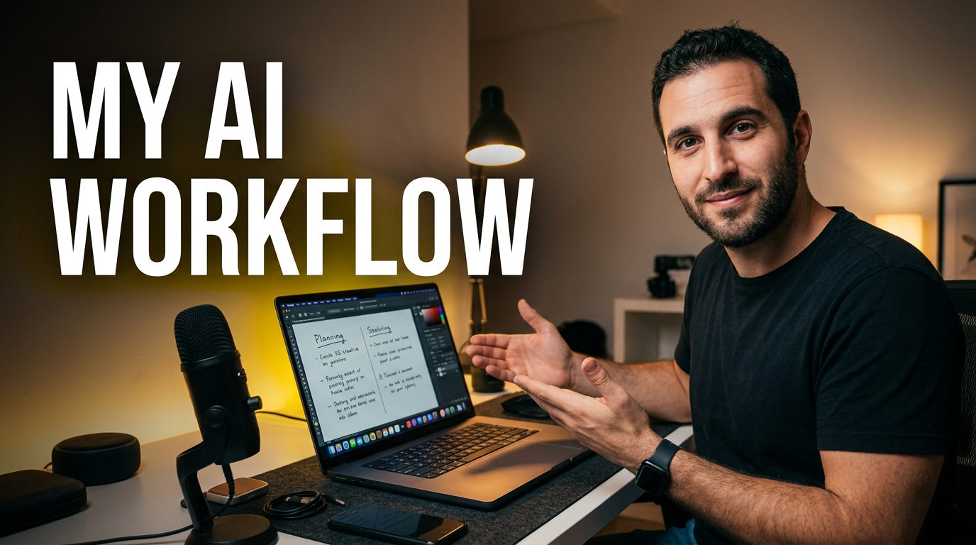 Male creator at a desk with a laptop, notes, and a glowing creative workspace