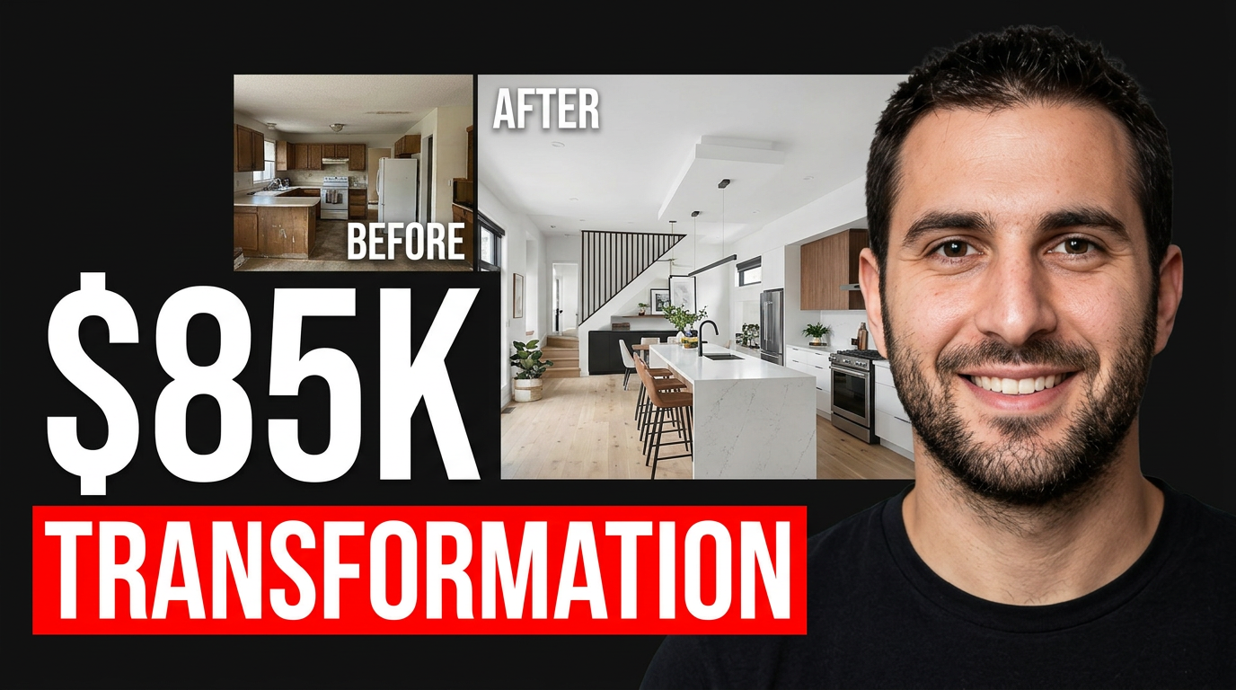Real estate investor in front of a dramatic house renovation before-and-after composition