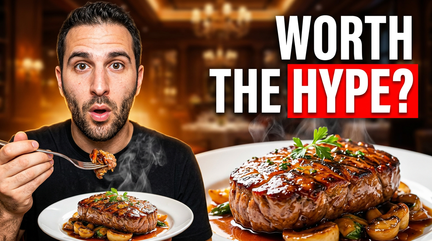 Restaurant reviewer reacting with surprise beside a close-up of a richly plated signature dish.