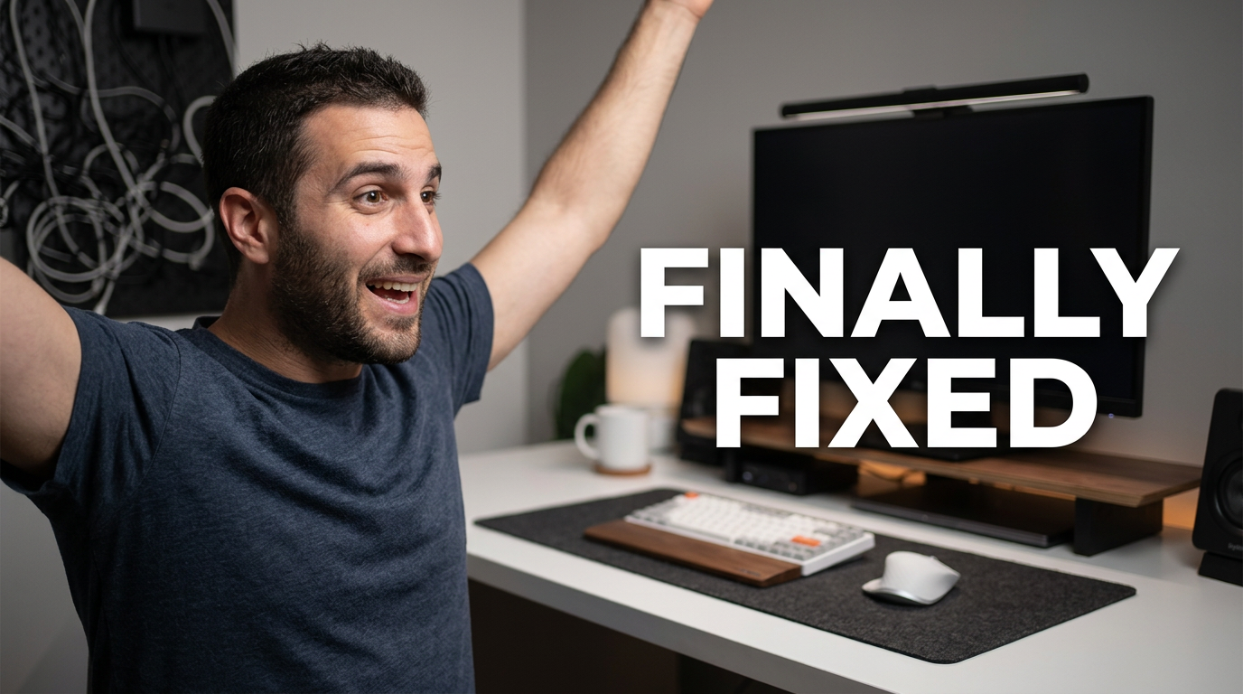Creator reacting beside a repaired home studio desk setup